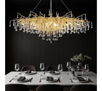 IDHBGJD Lustre Moderne en Forme de Goutte de Pluie en Cristal, réglable en Hauteur, rectangulaire doré, Art déco, Branche d'arbre, luminaire pour Salon, Cuisine, îlot, Hall d'entrée, escalier L140 cm