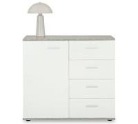 IDIMEX Buffet Salle à Manger Chicago L 91 cm en Bois Coloris béton et Blanc avec 4 tiroirs et 1 Porte, Meuble Rangement pour Cuisine ou Salle à Manger
