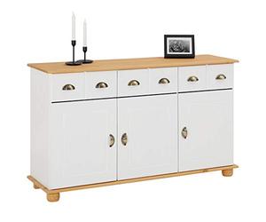 IDIMEX Buffet Salle à Manger Colmar en Bois L 134 cm Blanc et Brun avec 3 Portes battantes et 3 tiroirs spacieux, poignées Coquille, Meuble de Rangement, Structure Robuste et Finition élégante