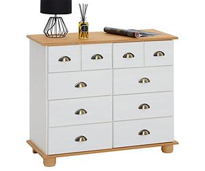 IDIMEX Buffet Salle à Manger Colmar en Bois L 92 cm avec 8 tiroirs spacieux, poignées Coquille, Meuble de Rangement, Structure Robuste et Finition élégante, Blanc et Brun