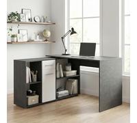 IDIMEX Bureau d'angle Carmen Table avec Meuble de Rangement intégré avec 4 étagères 1 Porte et 1 tiroir, décor béton foncé et Blanc Mat
