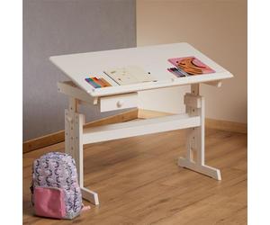IDIMEX Bureau Enfant écolier Junior Flexi Table à Dessin réglable en Hauteur et pupitre inclinable avec 1 tiroir, Bureau évolutif en pin Massif lasuré Blanc