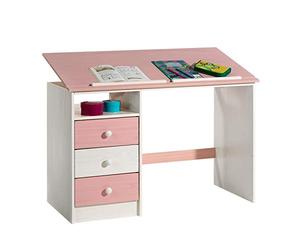 IDIMEX Bureau Enfant Kevin Bureau avec Rangement 3 tiroirs et 1 casier, Style Classique, en pin Massif lasuré Blanc et Rose