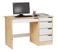 IDIMEX Bureau Hugo avec Rangement 5 tiroirs Style scandinave en pin Massif Vernis Naturel et lasuré Blanc