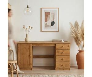 IDIMEX Bureau Manager L 145 cm en Bois Massif, Coloris chêne, Espace de Rangement avec 4 tiroirs et 1 Porte battante, Un Large Plateau, Bureau Droit Style Classique