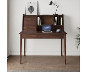 IDIMEX Bureau Secrétaire Alisa en Bois Massif avec 2 Tiroirs, 1 Volet, 4 Niches, 114 x 122 x 54 cm, Couleur Noyer, Meuble de Rangement Idéal pour Petit Espace, Parfait pour Bureau Chambre