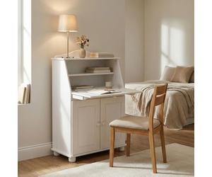 IDIMEX Bureau secrétaire David avec abattant Rangement Plusieurs étagères 2 Portes et Plan de Travail Rabattable, en pin Massif lasuré Blanc