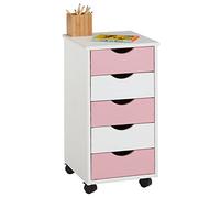 IDIMEX Caisson de Bureau Lagos L 35 cm, en Bois Massif, Blanc et Rose, Meuble de Rangement sur roulettes avec 5 tiroirs, idéal pour Chambre et Bureau