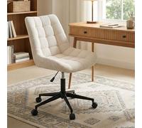 IDIMEX Chaise de Bureau VASILO Fauteuil en Velours Côtelé Blanc Crème avec Piétement en Métal Laqué Noir, Assise Réglabe en Hauteur, Rembourrée et Pivotante