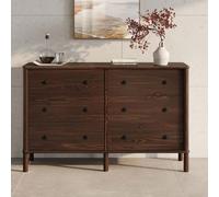 IDIMEX Commode Chambre APOANA L 132 cm 6 tiroirs en Bois Massif Coloris Noyer, Meuble de Rangement pour vêtements Design Naturel, tiroirs spacieux poignées Noires Style Moderne Robuste