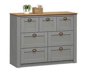 IDIMEX Commode Chambre Bolton L 110 cm en Bois Massif Gris et Brun 7 tiroirs Meuble de Rangement Adulte Buffet Pratique Style Campagne Classique avec Poignets Coquille en métal Coloris Bronze