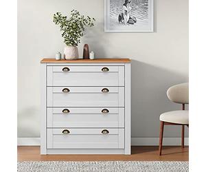 IDIMEX Commode Chambre Bolton L 91 cm en Bois Massif, Blanc et Brun avec 4 Grands tiroirs et poignées Coquille, Meuble de Rangement lasuré Adulte Style Maison de Campagne Couleur Blanche