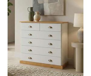 IDIMEX Commode Chambre Paris L 91 cm en Bois Massif Blanc et Brun avec 6 tiroirs, Meuble de Rangement Adulte lasuré avec poignées Coquille en métal Style Maison de Campagne