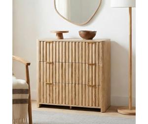 IDIMEX Commode Ella avec 3 tiroirs, Finition chêne - Commode à tiroirs Aspect lamelles, Buffet avec Espace de Rangement, Buffet Aspect Bois Naturel et poignées en métal doré, Design scandinave