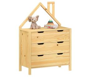IDIMEX Commode Enfant ELANO en Bois Massif Coloris Naturel avec 3 Tiroirs de Rangement, 84 x 120 x 41 cm, Meuble Chambre en Forme de Maison, Style Montessori, pour Fille ou garçon