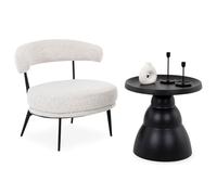 IDIMEX Ensemble Fauteuil et Table Basse d’Appoint Loris, Fauteuil Bas en Tissu Chenille Beige avec Table d'Appoint Ronde Noire, Set de Mobilier de Salon Moderne