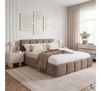 IDIMEX Lit 160x200 Cloudy Design Bubble avec sommier, rembourré - Grège | 221 × 95 × 171 cm (L × H × P), Queen size, Revêtement en tissu bouclé, Lit double moderne