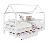 IDIMEX Lit cabane CLIA lit Simple pour Enfant Montessori 90 x 200 cm avec Rangement 2 tiroirs et barrières de Protection sur 3 côtés, en pin Massif lasuré Blanc