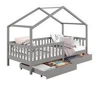 Lit cabane ELEA lit enfant simple montessori 90 x 200 cm, avec 2 tiroirs de rangement, en pin massif lasuré gris