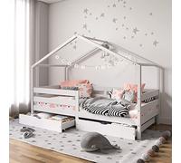 IDIMEX Lit cabane ENA lit Enfant Simple Montessori 90 x 200 cm, avec 2 tiroirs de Rangement, en pin Massif lasuré Blanc