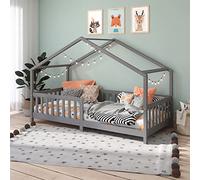 Lit cabane enfant 90x200 cm LISAN lit Simple montessori avec Barrières de Protection en Bois Massif lasuré gris