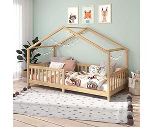 IDIMEX Lit cabane Enfant 90x200 cm LISAN lit Simple Montessori avec Barrières de Protection en Bois Massif Naturel