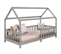 Lit cabane NINA lit enfant simple montessori en bois 90 x 200 cm, en pin massif lasuré gris