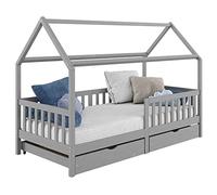 Lit Cabane Nuna Lit Enfant Simple En Bois 90 X 190 Cm, Avec Rangement 2 Tiroirs, En Pin Massif Lasuré Gris Gris