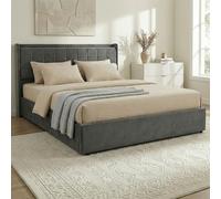 IDIMEX Lit Coffre Yaro rembourré, Lit Double avec Rangement 160x200 cm, Gris Foncé, Sommier à Lattes Inclus, Grand Espace de Rangement, Tête de Lit Capitonnée en Tissu, Velours Doux et Raffiné