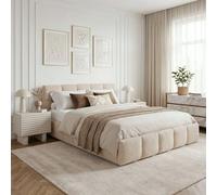 Lit Double CLOUDY, Lit Rembourré 160 x 200 cm Queen Size, Beige, Design Bubble, Confort Optimal avec Sommier à Lattes Inclus