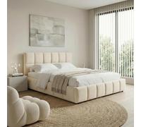 Lit Double EMILIA, Rembourré 160 x 200 cm Queen Size, Blanc Crème, avec Sommier à Lattes Inclus, Design Bubble