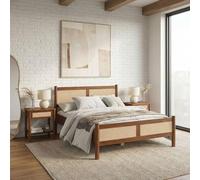 IDIMEX Lit en bois massif CEFIRA 140 x 190 cm avec rotin tressé, finition châtaignier - Lit double en bois de pin massif, lit en bois de style bohème stable