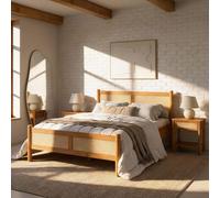 IDIMEX Lit en bois massif CEFIRA 140 x 190 cm avec tressage en rotin et finition chêne - Lit double en bois de pin massif, lit en bois solide de style bohème