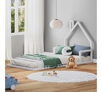 Idimex Lit enfant ELOA 90x200 cm au sol - Montessori - tête de lit maison, bois massif lasuré blanc