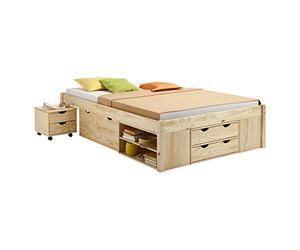IDIMEX Lit Fonctionnel Sabrina lit Double pour Enfant ou Adulte en pin Massif Naturel, avec 2 Tables de Chevet sur roulettes et 4 tiroirs de Rangement