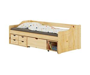 IDIMEX Lit Fonctionnel Senta avec rangements 4 tiroirs 1 Caisson et 1 Niche Ouverte sur roulettes, Couchage 90 x 200 cm, en pin Massif Vernis Naturel