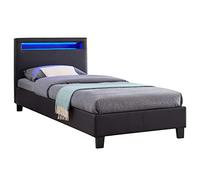 IDIMEX Lit LED Simple 90x190 cm avec sommier, tête de lit Confortable, lit 1 Place revêtement synthétique Noir, LUCENO