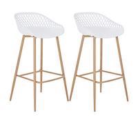 IDIMEX Lot de 2 tabourets de Bar IREK Chaise Haute pour Cuisine ou comptoir au Design Retro avec accoudoirs, en Plastique Blanc et métal décor Bois, Hauteur d'assise 75 cm