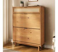 IDIMEX Meuble à Chaussures Jonte, en Bois Massif Coloris Chêne, 2 Abattants, 1 Tiroir, pour 16 à 20 Paires, Façade en Rotin, Rangement à Chaussures Haut Design pour Entrée