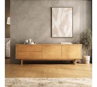 IDIMEX Meuble bas LITA en bois massif 170 cm, finition chêne - Meuble TV bas avec 2 tiroirs et 2 portes, système push-to-open, meuble TV avec espace de rangement, buffet pour salon, design scandinave
