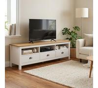 IDIMEX Meuble TV Campo L 159 cm avec 3 Tiroirs et 3 Niches en Bois Massif Couleur Blanc et Brun Style Campagne, Passe-Câbles Intégré, Poignées en Métal, pour Téléviseurs jusqu'à 70"