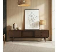 IDIMEX Meuble TV Simona L 175 cm en Bois Massif Coloris Noyer avec 2 Tiroirs 2 Portes Coulissantes, pour téléviseur jusqu'à 75", Style Vintage Scandinave Années 50, Rangement Pratique pour Salon