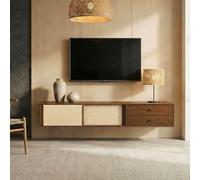 IDIMEX Meuble TV Suspendu Simona 175 cm avec 2 Tiroirs et 2 Portes Coulissantes en Rotin, en Bois Massif Coloris Châtaignier, pour téléviseur jusqu'à 75", Style Vintage Scandinave Années 50