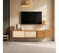 IDIMEX Meuble TV Suspendu Simona 175 cm avec 2 Tiroirs et 2 Portes Coulissantes en Rotin, en Bois Massif Coloris Chêne, pour téléviseur jusqu'à 75", Style Vintage Scandinave Années 50