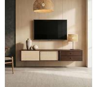 IDIMEX Meuble TV Suspendu Simona 175 cm avec 2 Tiroirs et 2 Portes Coulissantes en Rotin, en Bois Massif Coloris Noyer, pour téléviseur jusqu'à 75", Style Vintage Scandinave Années 50