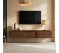 IDIMEX Meuble TV Suspendu Simona, 2 Portes 2 Tiroirs, 175 cm, Couleur Châtaignier, en Pin Massif, pour téléviseur jusqu'à 75", Style Vintage Scandinave Années 50, Rangement Pratique pour Salon