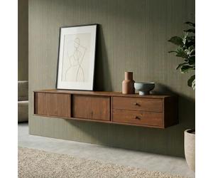 IDIMEX Meuble TV Suspendu Simona, 2 Portes 2 Tiroirs, 175 cm, Couleur Châtaignier, en Pin Massif, pour téléviseur jusqu'à 75", Style Vintage Scandinave Années 50, Rangement Pratique pour Salon