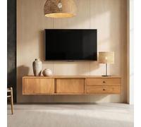 IDIMEX Meuble TV Suspendu Simona, 2 Portes 2 Tiroirs, 175 cm, Couleur Chêne, en Pin Massif, pour téléviseur jusqu'à 75", Style Vintage Scandinave Années 50, Rangement Pratique pour Salon