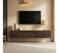 IDIMEX Meuble TV Suspendu Simona, 2 Portes 2 Tiroirs, 175 cm, Couleur Noyer, en Pin Massif, pour téléviseur jusqu'à 75", Style Vintage Scandinave Années 50, Rangement Pratique pour Salon