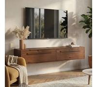 IDIMEX Meuble TV Suspendu TECCA L 145 cm en Bois Massif Coloris Châtaignier avec 2 Portes, Meuble Télé Mural Design Moderne à Accrocher au Mur